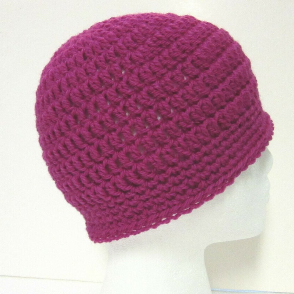 Pink Fuchsia Wool Skull Cap Cloche Hat Chic Handmade Crochet Knit USA Size S/M
